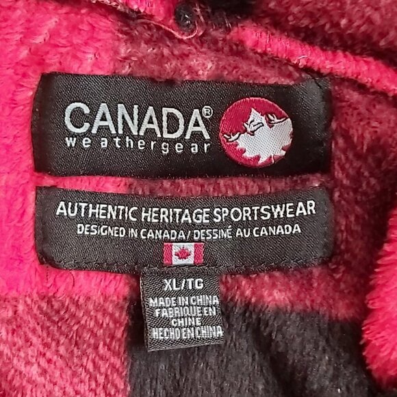 XL Boys Canada Weather Gear Red And Black Checkered Fleece Hoodie Pullover - Picture 4 of 7